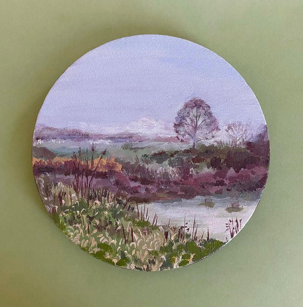 Misty Morning Landscape Circle Canvas Painting