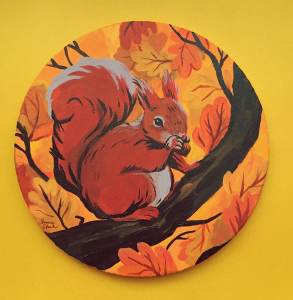 Red Squirrel: Original Acrylic on Circular Canvas