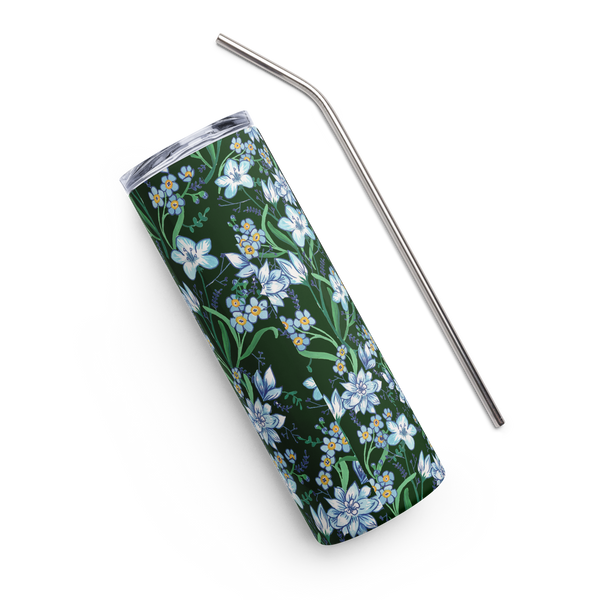 Blue Floral Tumbler with Lid & Straw