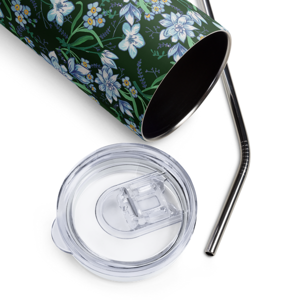 Blue Floral Tumbler with Lid & Straw